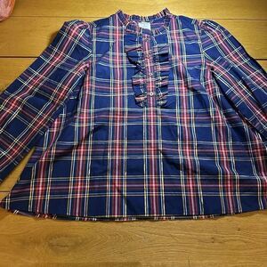 Crewcuts J.Crew Girls' ruffle neck blouse top navy Stewart tartan plaid xl